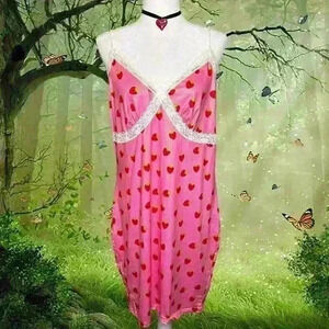 Boho Strawberry Print Hot Pink Midi Slip Dress